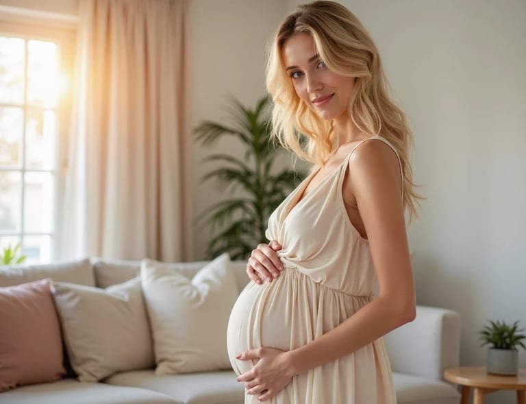 Mulher grávida usando vestido claro, sorrindo e acariciando a barriga, em sala iluminada pela luz do