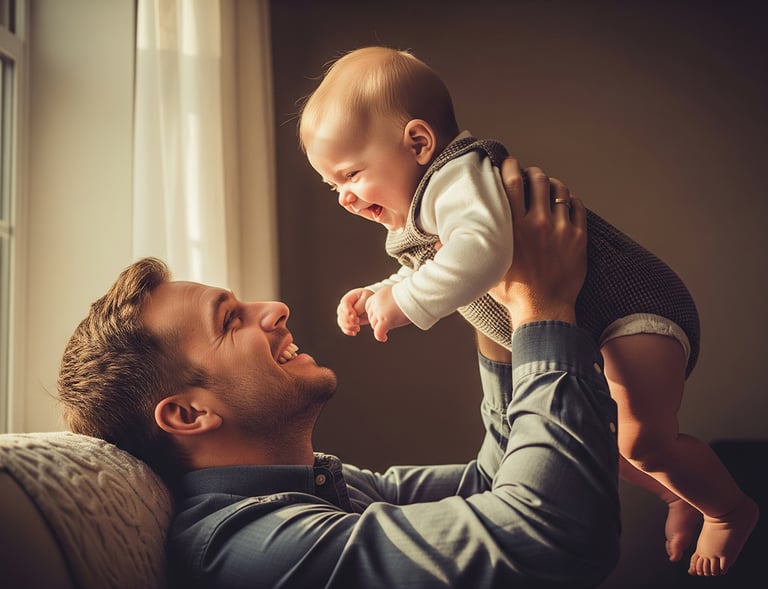 pai-brincando-com-bebe-no-colo-sorriso-felicidade
