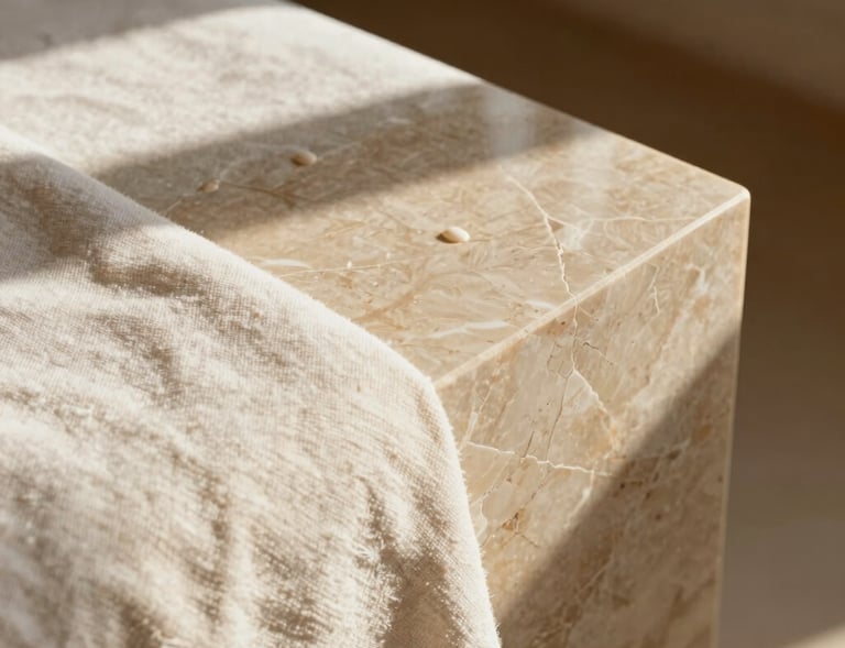 Close-up detail photography of natural textures in a luxury spa studio in Valencia, smooth champagne limestone, warm ivory linen fabric, polished wood, soft natural sunlight casting gentle shadows.