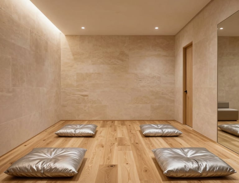 Minimalist interior of La Shala Nord yoga studio in Valencia featuring light oak wood floors, low warm silver floor cushions, pale stone walls, soft indirect lighting, quiet boutique hotel retreat aesthetic.