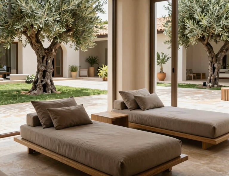 Interior relaxation lounge at a boutique wellness retreat in Valencia, minimalist daybeds with taupe upholstery, large windows revealing Mediterranean outdoor courtyard with olive trees and stone paving.
