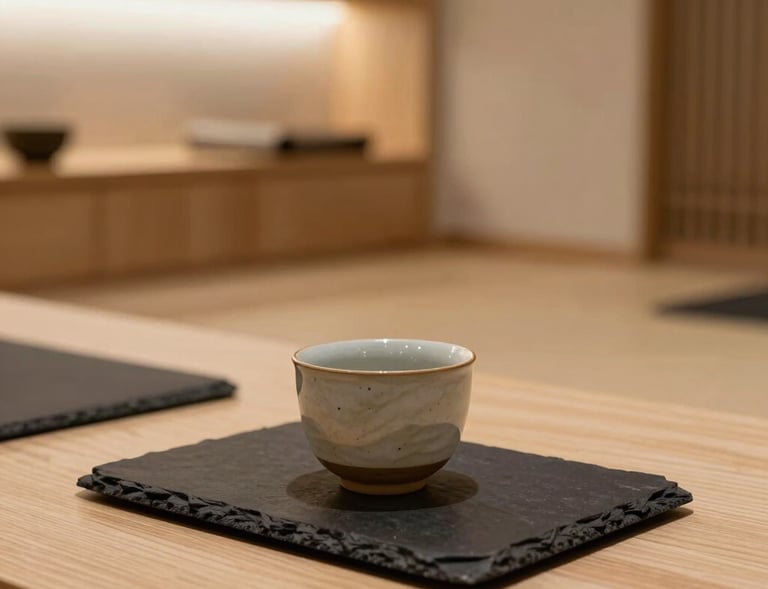 Peaceful tea room corner in a modern luxury yoga sanctuary in Valencia, hand-crafted ceramic teacup on a dark slate tray, minimal Japanese aesthetic with warm light wood accents.