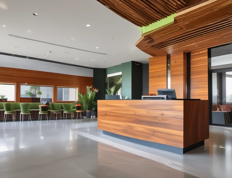 An architectural interior showcasing a modern, angular design with wooden slats that create a dynamic pattern. The ceiling features large, geometric skylights that allow natural light to stream in, adding contrast to the darker wooden tones.