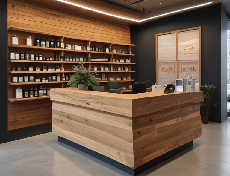 The image features modern architectural design with multiple levels of wooden slatted panels forming a staircase. The interior is spacious with large windows allowing natural light to illuminate the area. The wooden textures create a warm atmosphere, and the open layout presents a clean, minimalist style.