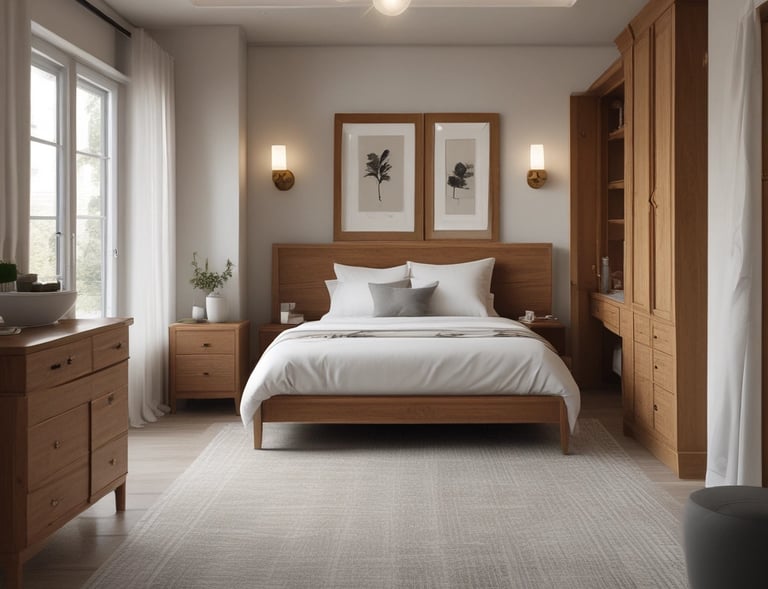 A modern architectural interior is seen through a window. There are two minimalist wooden benches with light blue cushions. The window reflects a partially visible urban skyline and trees. The interior features large open spaces with a glossy floor and contemporary design elements.