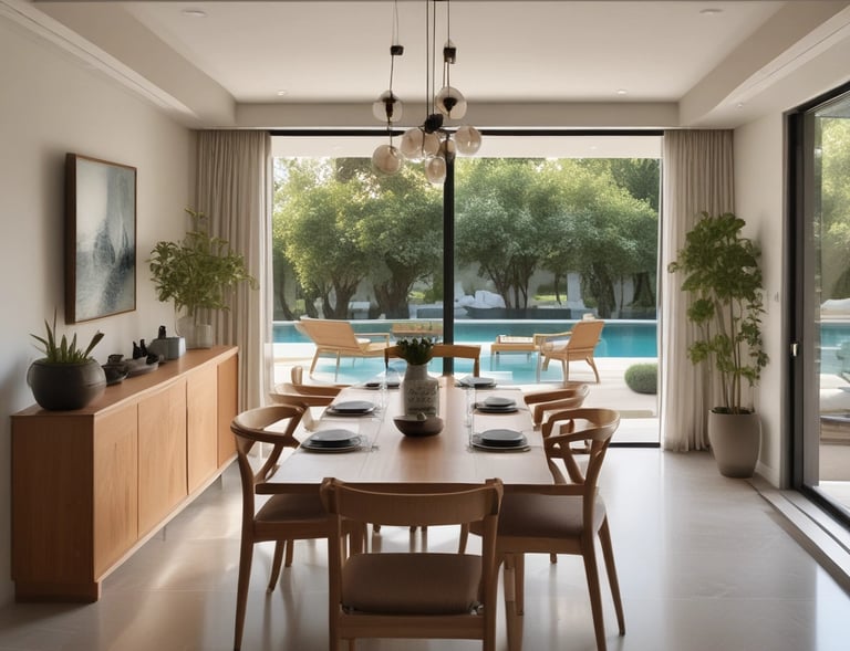 A luxurious and sophisticated interior space featuring elegant dining tables and chairs with black upholstery and wooden accents. The walls have a reflective, geometric design with intricate, illuminated floral decorations. The floor showcases a polished, patterned surface, contributing to the high-end atmosphere.