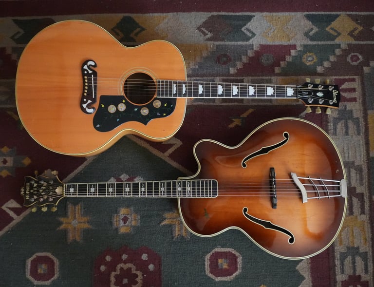 Vintage guitars belonging to Sickle Moon. 1974 Ibanez Conchord and 1953 Hofner Committee
