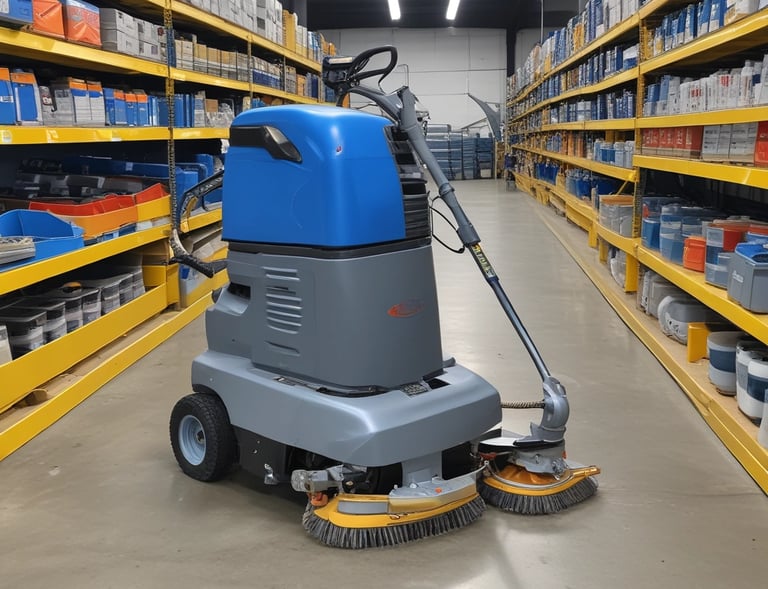 A set of cleaning products is arranged on a light-colored marble surface. The items include two metal spray bottles, a small glass bottle with a liquid, a natural bristle brush, and a cloth with dark stripes. Sunlight filters through leaves, casting dappled shadows on the surface.