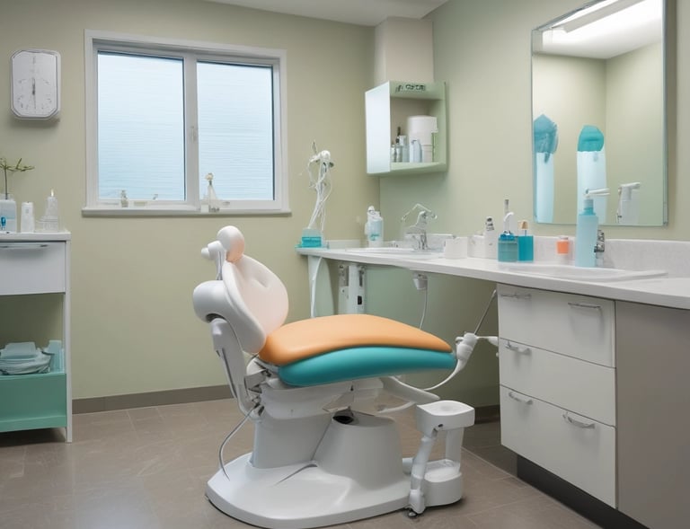 A cleaning cart is positioned in an outdoor area with a concrete building structure in the background. The cart holds a large bucket and cleaning supplies, including a striped cloth and a pink cloth hanging over the handle. A green scrubbing brush is placed on the bottom platform. Surrounding the area are vibrant flower beds with yellow and white flowers, as well as bushes and trees, contributing to a tidy and well-maintained environment.