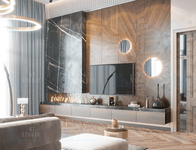 Interior 3D visualization of modern living room