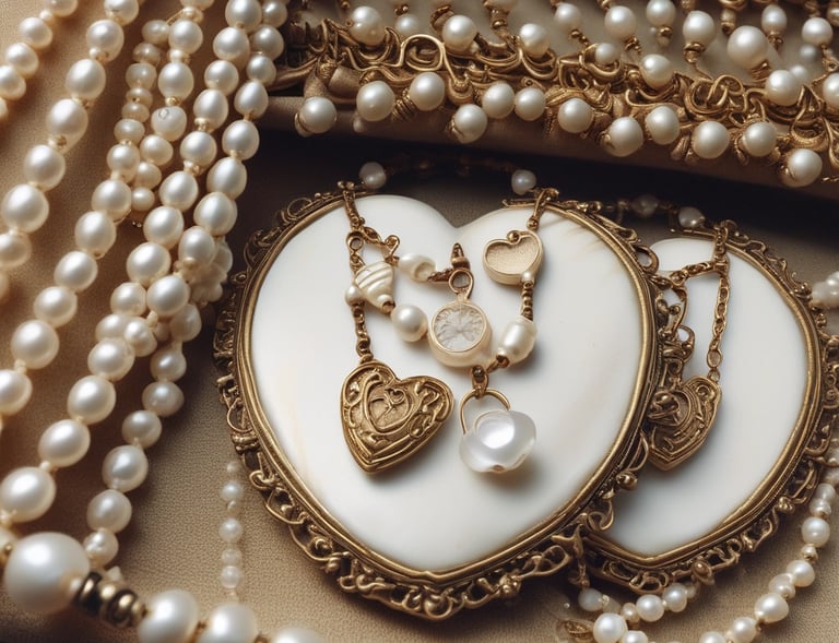 Close-up of a delicate antique gold chain intertwined with lustrous pearls, softly lit to highlight texture.