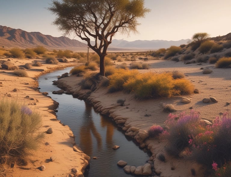 A desert grow with three and flowers