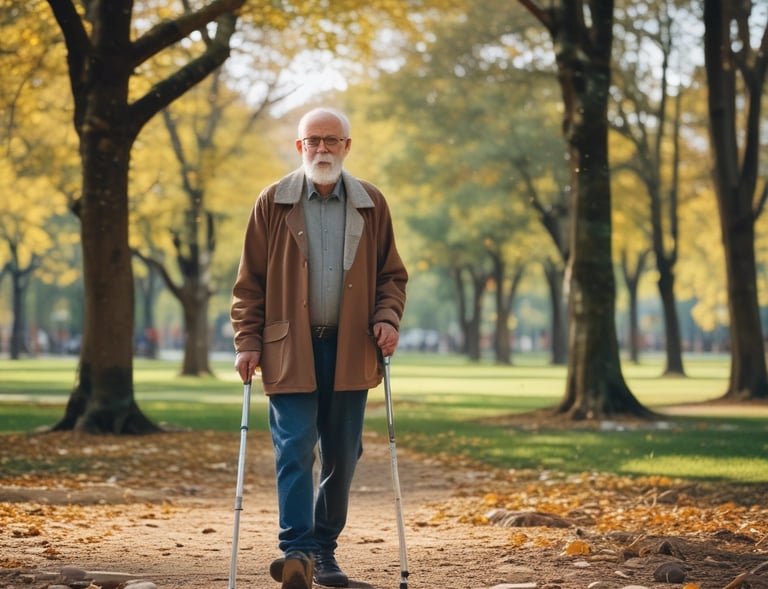 A patient using a mobility aid in a bright living room.
