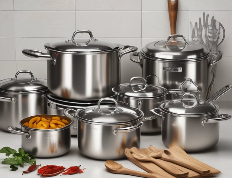 A kitchen area with various cooking utensils and equipment. Shelves hold cans labeled with ingredients like eggs, beets, and camel. Large ladles hang over metal countertops, and pots are stored below. Overhead, wiring is visible alongside a light fixture.