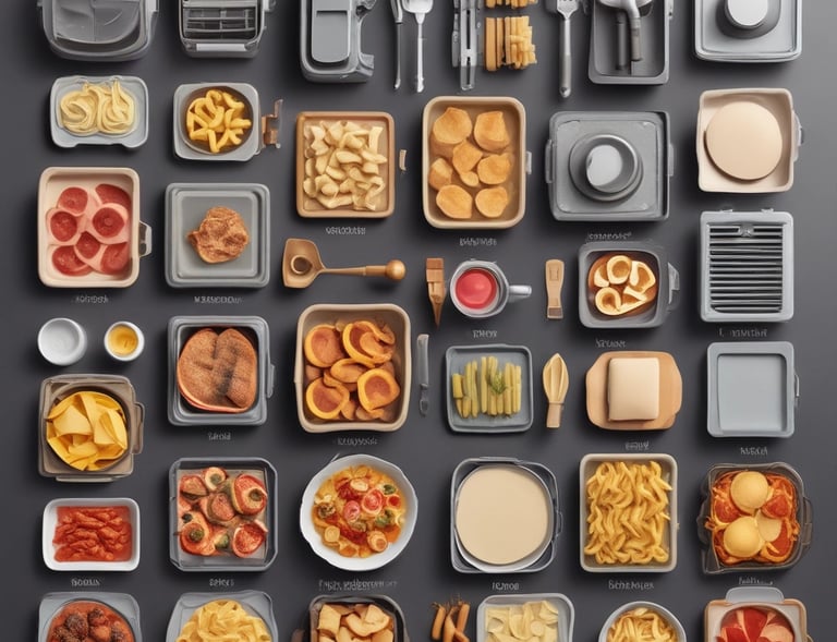 An assortment of stainless steel kitchenware is displayed in colorful plastic bins, arranged in a busy market setting. The items include small bowls, pots, and various kitchen utensils, tightly packed together. In the background, more kitchenware and items in plastic packaging are stacked on shelves.