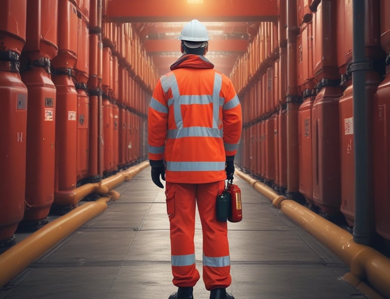 A professional crew member inspecting a ship's engine room with tools in hand.