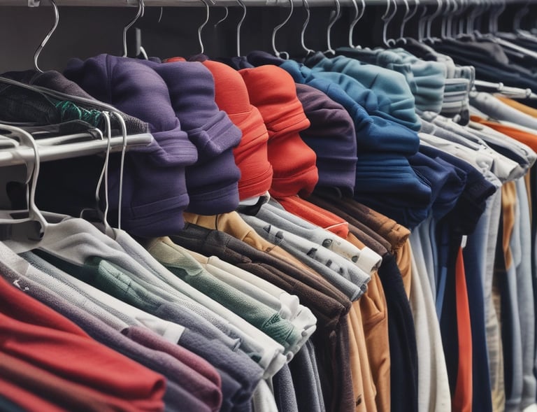 Close-up of colorful fabric patterns on t-shirts.