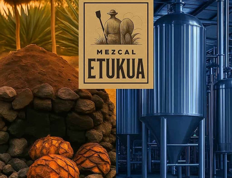 Collage que contrasta un horno de tierra tradicional con una destilería industrial de acero inoxidab