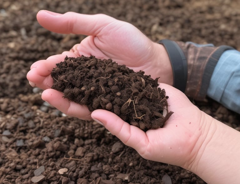 Several small green seedlings are planted in individual compartments of a black tray filled with rich, dark soil. The plants have delicate stems and thin, bright green leaves.