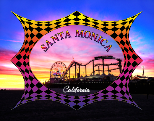 Santa Monica Pier Ferris wheel and roller coaster at sunset in California within a checkered frame.