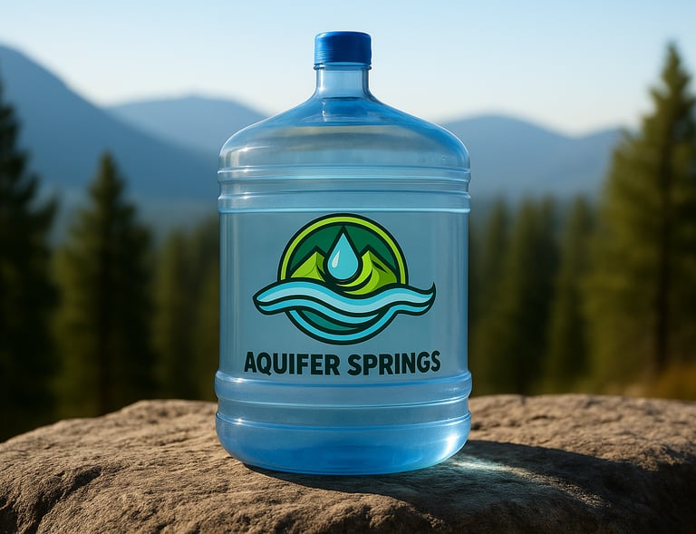 Aquifer Springs 18.9L jug on a rock outdoors with trees, mountains, and blue sky in the background.