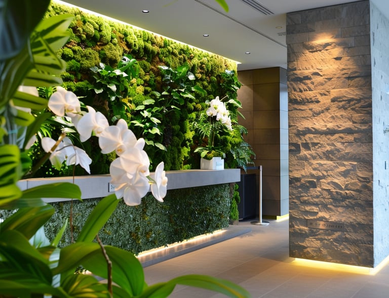 Modern office lobby featuring a lush green moss wall, white orchids, and a textured stone pillar with biophilic design.