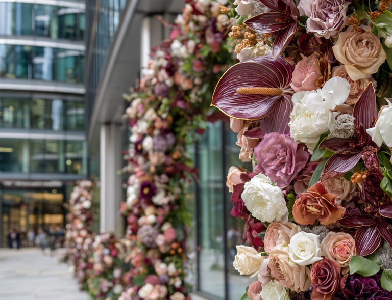 Elegant floral arch installation featuring burgundy dahlias and roses outside a modern office building.