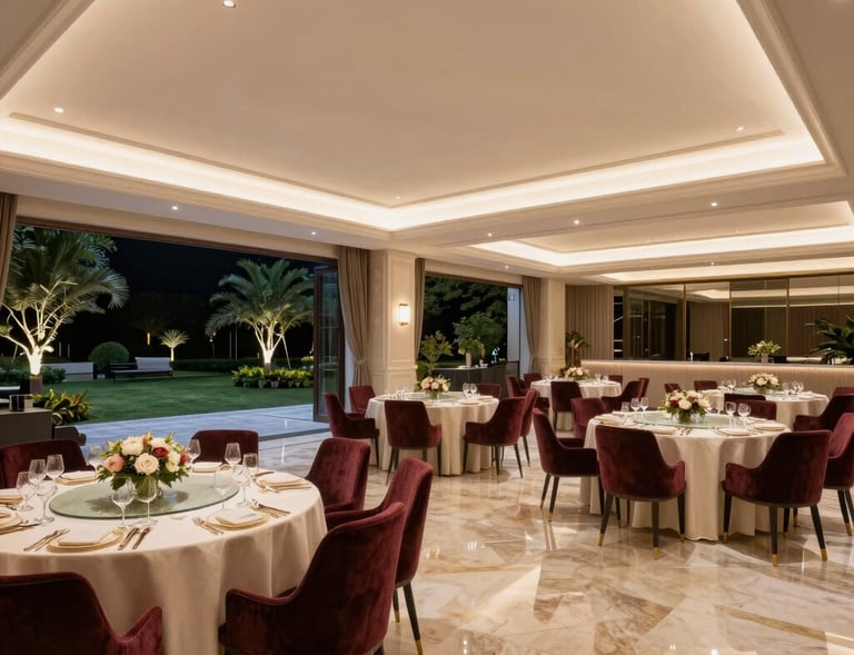 An elegant dessert table featuring gold-trimmed cakes and red velvet pastries, styled with fresh flowers.