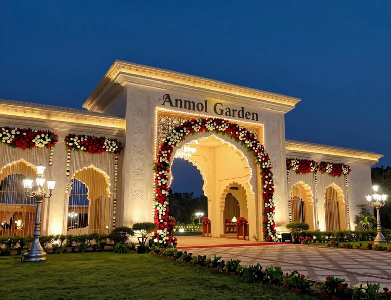 A romantic outdoor wedding setup with golden chairs, red floral aisle runners, and a sunset backdrop.