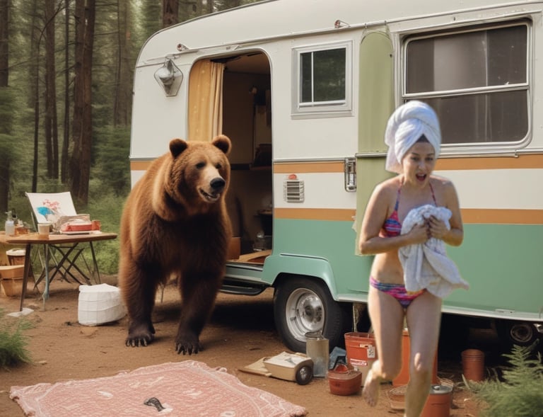 A woman runs from a grizzly bear standing at the door of a vintage camper trailer in a pine forest.