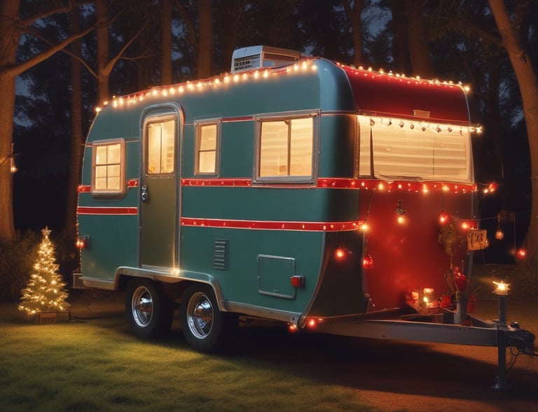 Vintage camper trailer decorated with festive Christmas lights and a small glowing tree in a forest at night.