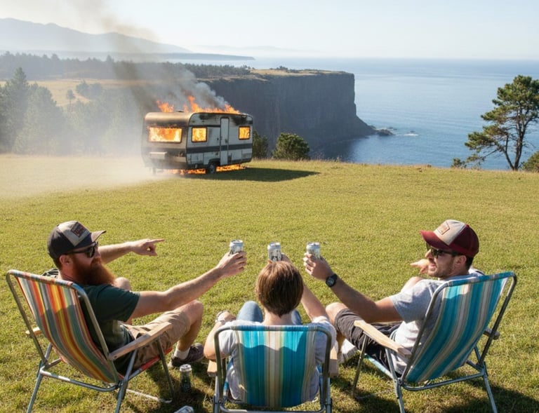 Three men toast with drinks while watching a burning trailer camper on a coastal cliffside.