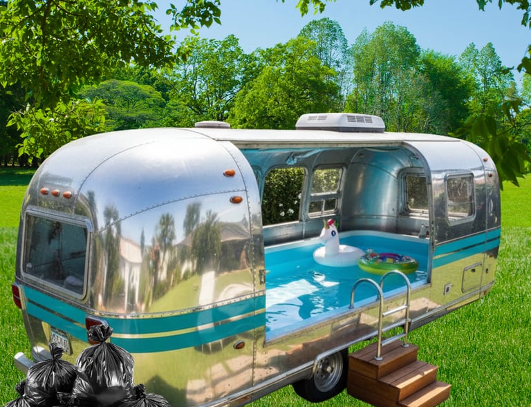 Vintage Airstream trailer converted into a portable swimming pool with inflatable toys on a green lawn.