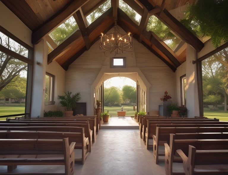 A peaceful green park area with walking paths and benches under tall trees.