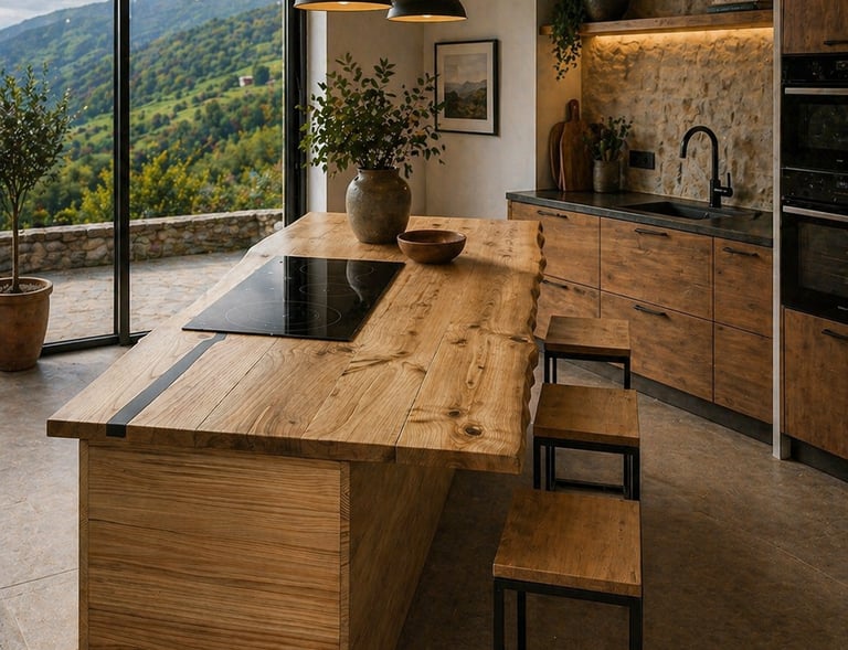 Isla de cocina de madera maciza con toque de resina.