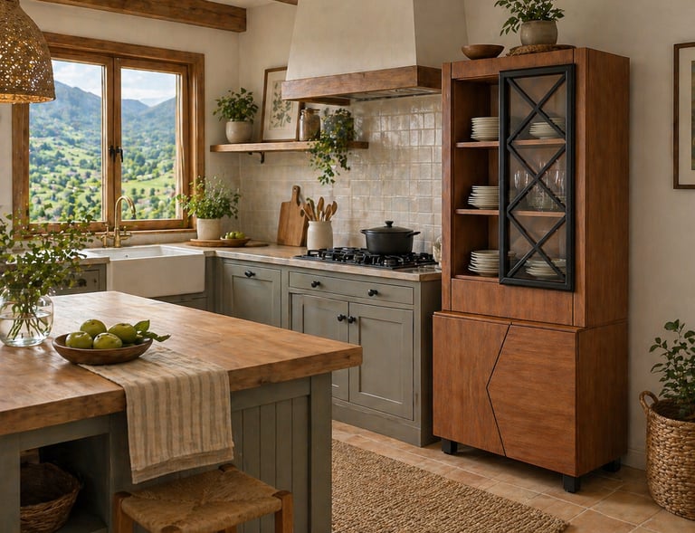 Alacena de madera maciza con puertas geoméricas y puerta corredera metálica,