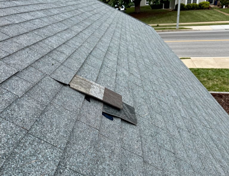 Before and after shots of a roof repair showing damage and the completed fix.