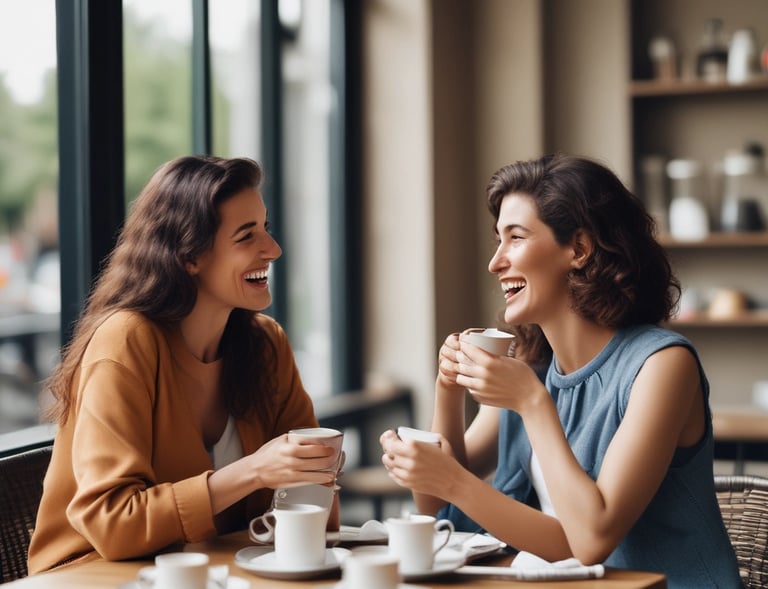 A group of friends over 60 sharing coffee and stories at a cozy café table.