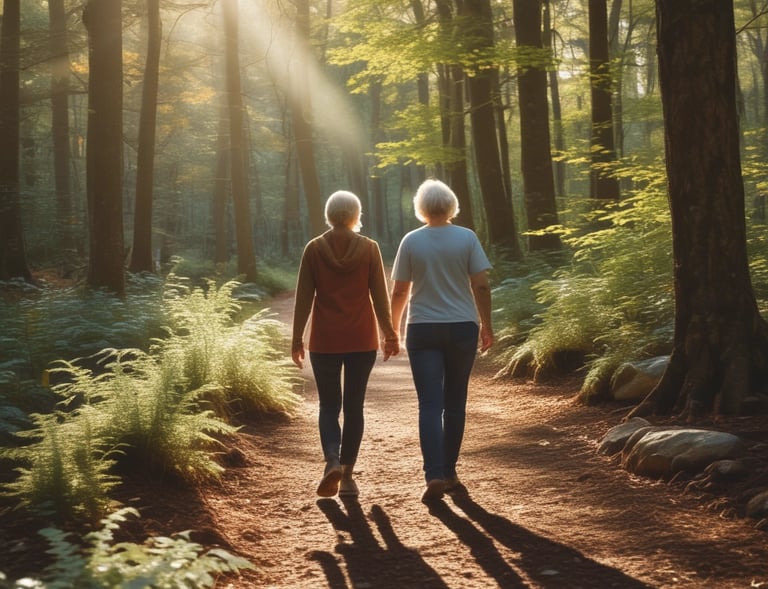 A joyful woman in her 60s laughing while gardening in a sunny backyard.