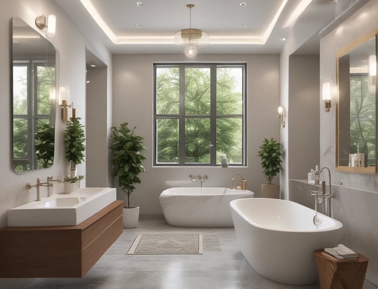 A janitorial staff member mopping the floor of a spacious office lobby.