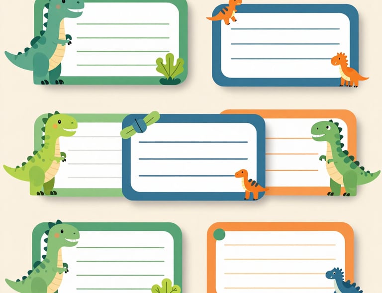 A bright, playful school label design featuring colorful geometric shapes.