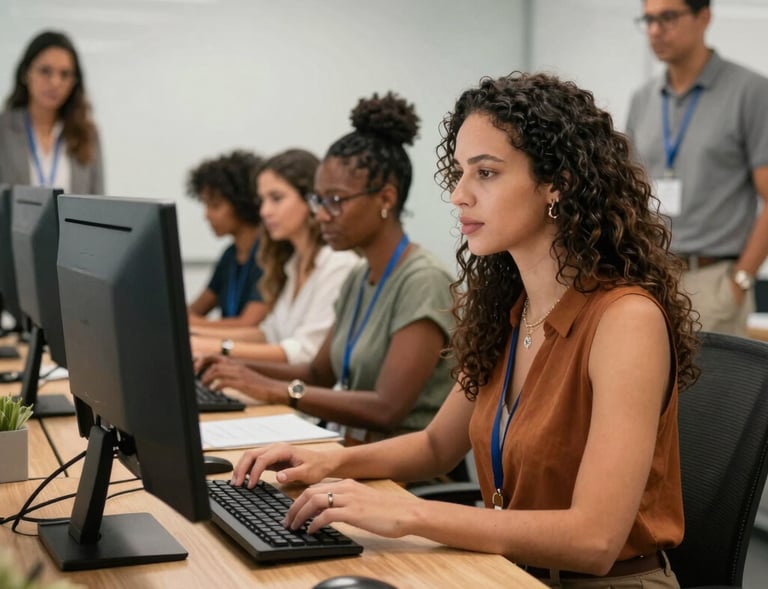 Consultants discussing data analytics on laptops in a bright workspace.