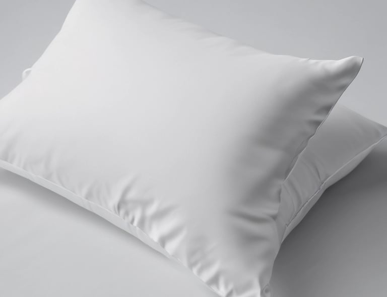 Close-up of a smooth qatan pillow protector with fine stitching and a subtle texture on a cozy bed.