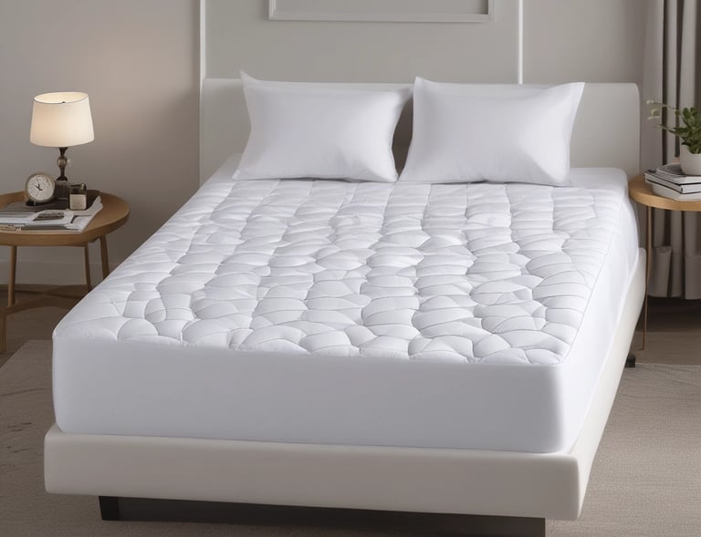 A neatly folded set of qatan mattress protectors in soft white cotton displayed on a clean wooden surface.