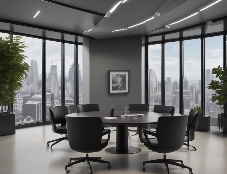 Professional office meeting room with financial charts on screen