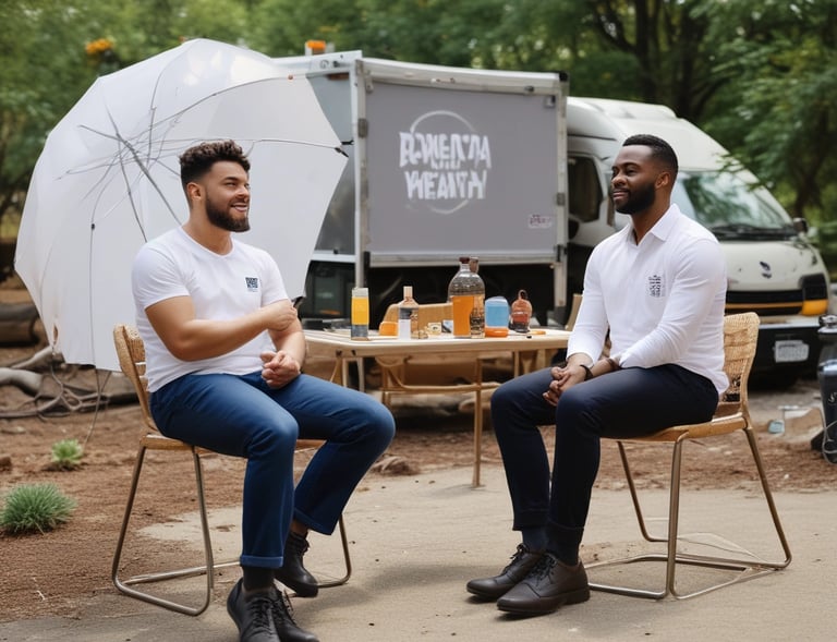 An influencer collaborating with a brand representative in a bright, modern office setting.