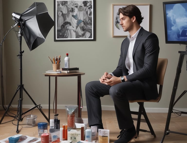 A behind-the-scenes shot of a photoshoot featuring a mental health advocate and brand products.