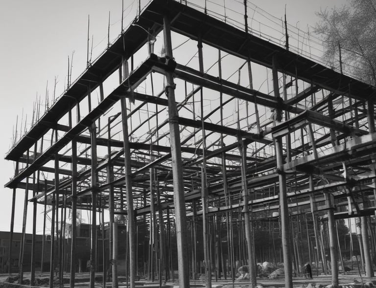 A team of workers in safety gear collaborating on a construction site in Qatar under clear skies.
