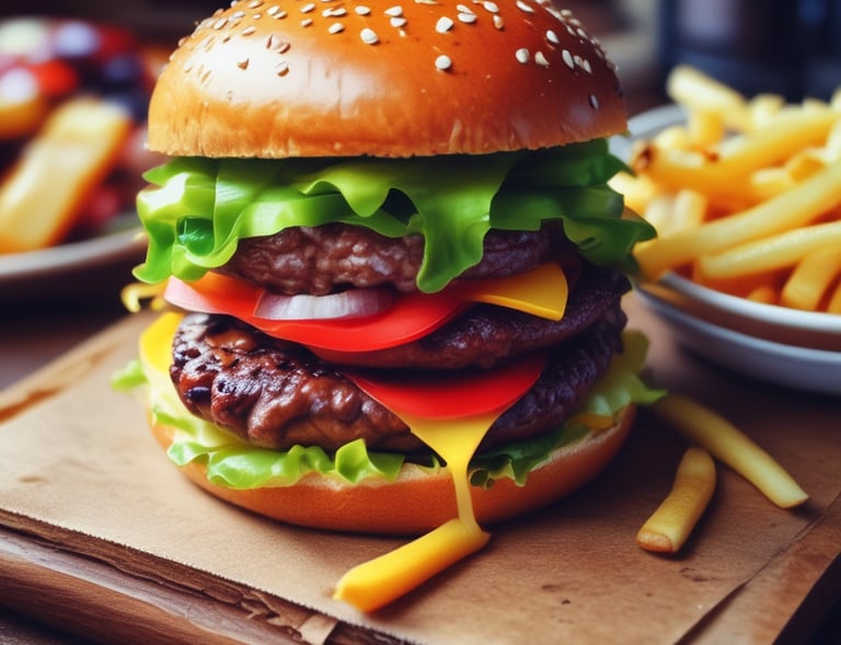A refreshing craft soda in a glass bottle next to a burger and fries on a checkered napkin.