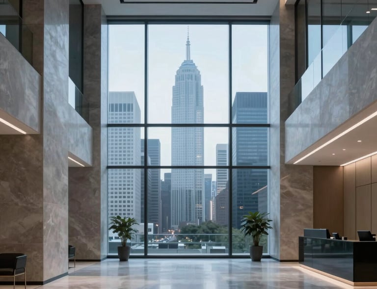 A sharp, professional photograph of a high-end corporate office lobby in a global financial district. The interior features minimalist architecture with polished stone and glass, bathed in soft blue and pale gray light. A large floor-to-ceiling window in the background shows a blurred, sophisticated international city skyline. International / Global.